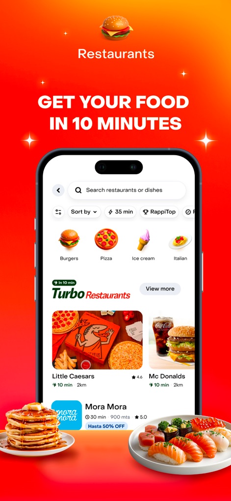 Rappi - Deliveries in Minutes - Explore the restaurant selection, showcasing popular food categories like "Burgers" and "Pizza", alongside restaurant listings with estimated delivery times.