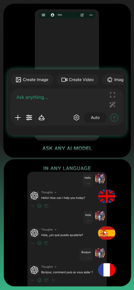Clever AI Hub - Pro AI Agents - Users can engage with AI models through a versatile chat interface for tasks like image and video creation, all while supporting conversations in multiple languages such as English and Spanish.