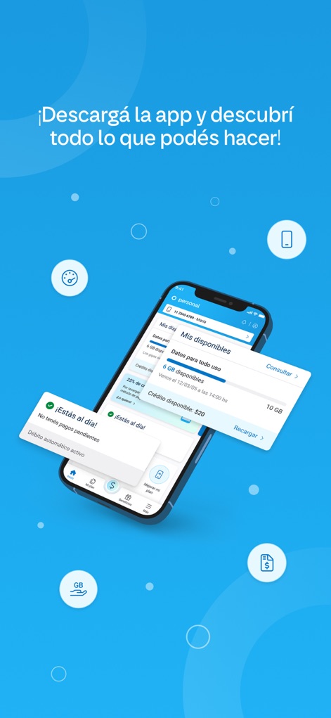 Mi Personal - Observe the clear 'Mis disponibles' section detailing data and credit balances, complemented by the 'Estás al día!' status card for payment reminders.
