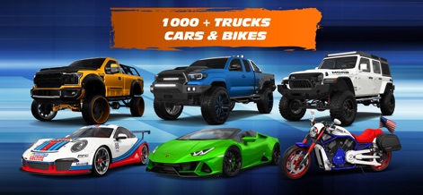 3DTuning: Car Game & Simulator - Esta visão abrangente demonstra a vasta biblioteca de veículos do aplicativo, apresentando desde caminhonetes robustas e carros esportivos elegantes até uma motocicleta detalhada, garantindo opções para todos os entusiastas.