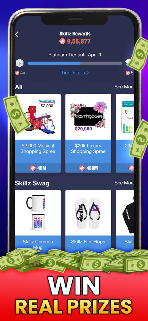 Pachinko Cash - Win Real Money - Players can explore the "Skillz Rewards" catalog, featuring both aspirational items like a "$20k Luxury Shopping Spree" and tangible "Skillz Swag" for redemption.