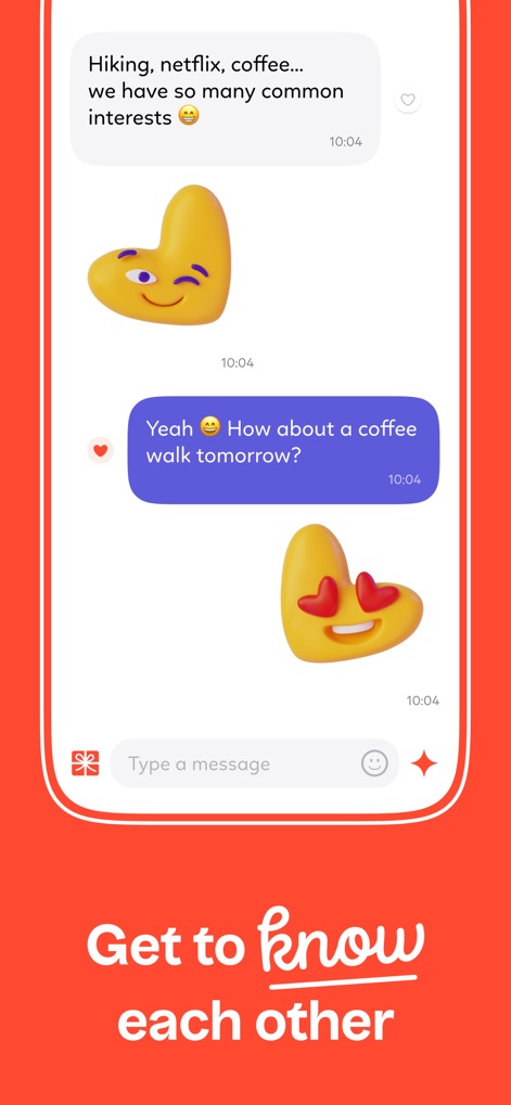 Kismia - Dating App & Chat - Users can engage in lively discussions through text bubbles discussing shared interests like 'Hiking, Netflix, coffee...', and express affection using large, expressive heart emoji reactions.