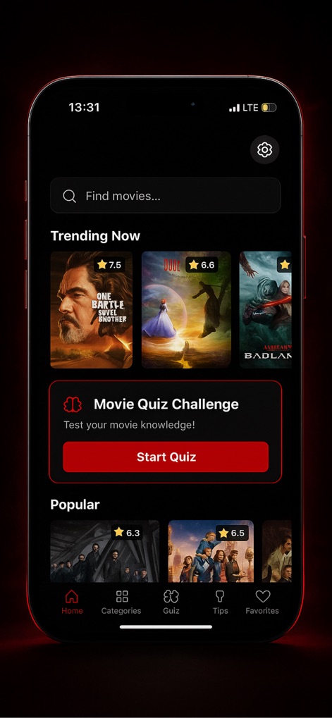 PobreFlix : Lookmovie & TV - A interface principal apresenta seções como "Trending Now" para filmes em alta e um banner convidativo para o "Movie Quiz Challenge", incentivando a interação.
