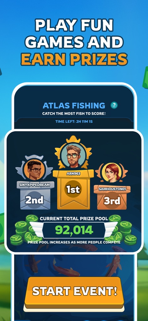 ATLAS:EARTH - Fun Cashback - Plongez dans l'univers des mini-jeux compétitifs tels qu'"Atlas Fishing", où les participants peuvent grimper au "leaderboard" et se mesurer aux autres pour des prix attractifs.