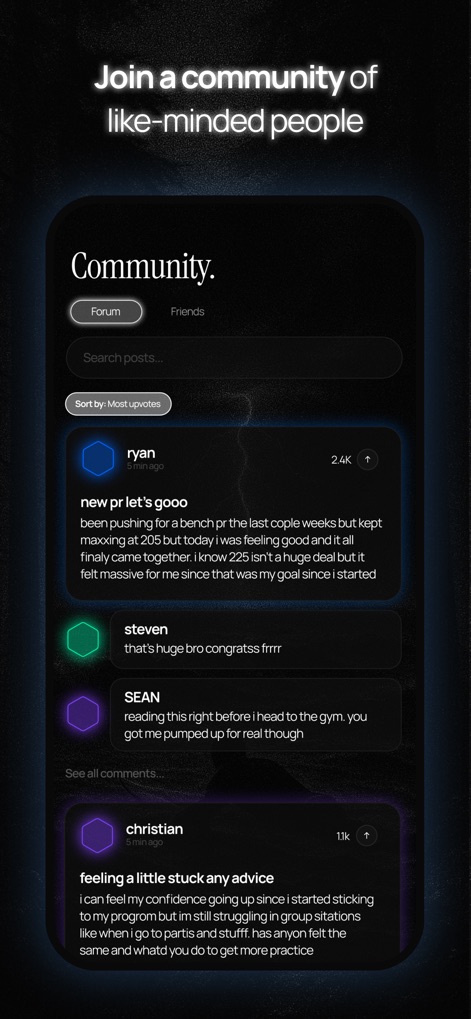 DAWG - Discipline & Motivation - The app fosters a supportive environment through its 'Community' section, enabling users to engage in a 'Forum' and share their progress with peers.