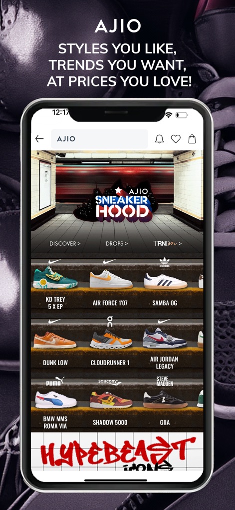 AJIO Online Shopping App - Dive into the specialized 'AJIO SNEAKERHOOD' section, offering a curated experience for footwear enthusiasts, and browse a detailed grid display of popular sneaker models.