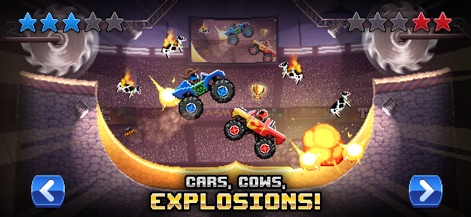 Drive Ahead! - Fun Car Battles - See how the app delivers unpredictable monster truck battles within a dynamic stadium setting, complete with explosive pixel art and interactive stage hazards like sawblades.