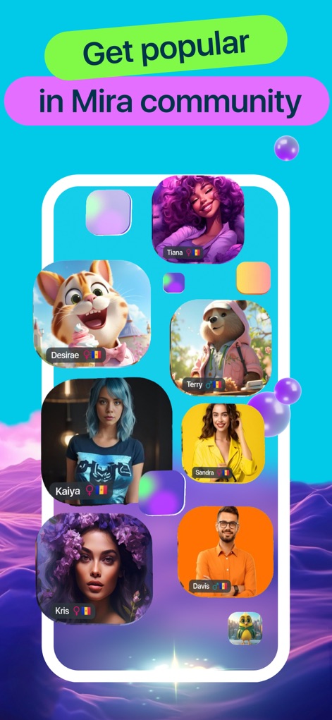 Video Chat - Mira - The 'Mira community' section highlights a diverse array of user profiles, each represented by their unique AI avatars and their engagement status.