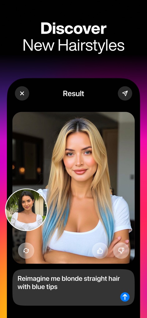 ReShoot: AI Photos & Edits - Los usuarios pueden experimentar con nuevos looks, como un peinado rubio liso con puntas azules, utilizando la IA para visualizar cambios de color y estilo de cabello.