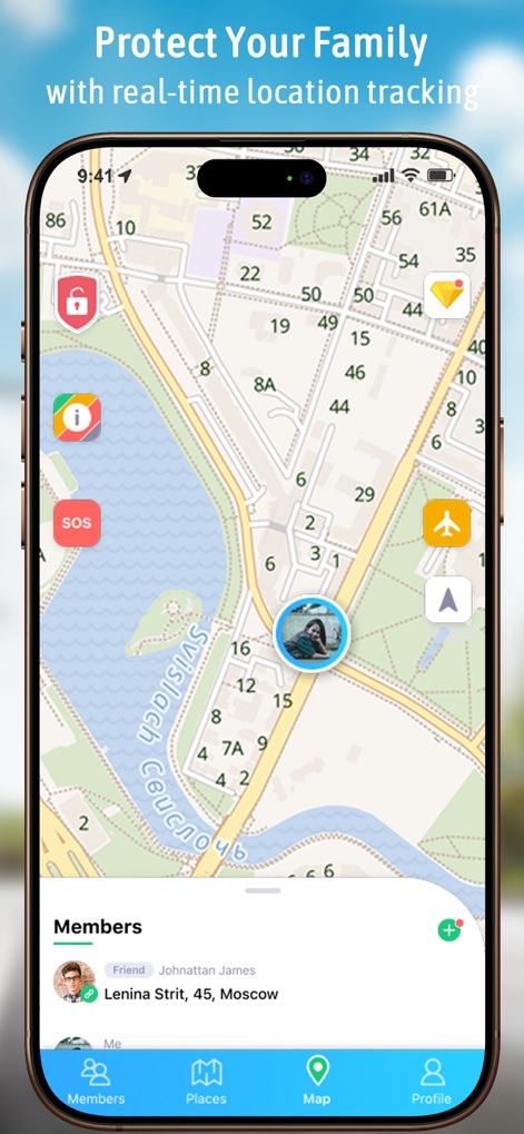 Spoten Phone Location Tracker - Die App bietet eine prominente SOS-Funktion für Notfälle, die auf der dynamischen Kartenansicht eingebettet ist, um sofortige Hilfe zu gewährleisten.