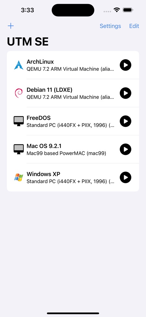 UTM SE: Retro PC emulator - The app's main interface displays a curated list of virtual machines and an instant 'play' button for quick access to diverse operating systems.