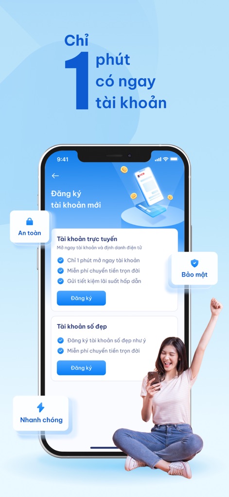 NCB iziMobile - This screen showcases the rapid online account opening process, emphasizing security and speed with visual icons for 'An toàn' (Safety) and 'Bảo mật' (Security) during registration.