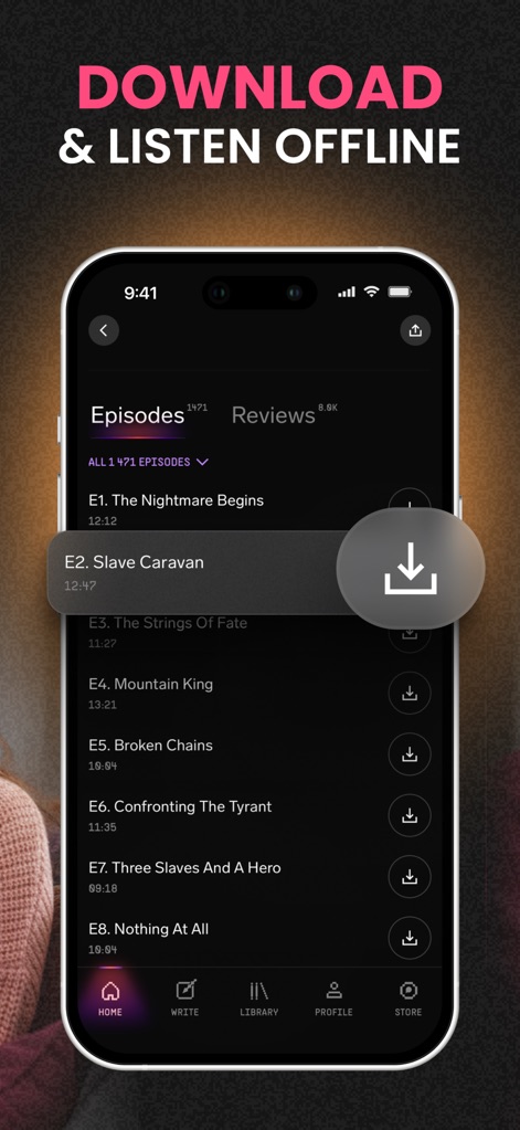 Pocket FM: Audio Series - This visual demonstrates the app's "Download & Listen Offline" functionality, allowing users to easily download individual episodes directly from the comprehensive episode list.
