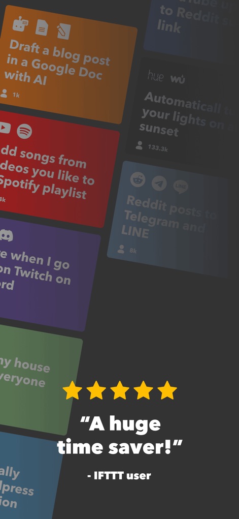 IFTTT - Automate work and home - Esta vista presenta una diversidad de automatizaciones útiles, desde redactar borradores con IA hasta controlar luces inteligentes, complementada por la rotunda opinión de un usuario que la describe como "A huge time saver!".