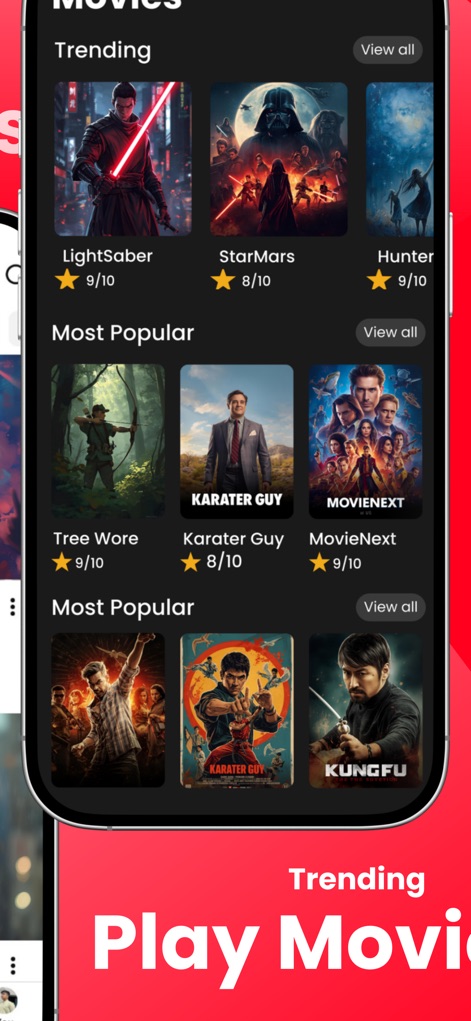 Tubidy FM : Music, Song Player - Users can explore a cinematic showcase within the app, featuring visually appealing movie posters and clearly organized trending and popular sections.