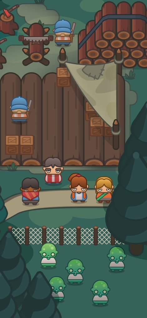 Idle Outpost Zombie Apocalypse - Esta cena ilustra um novo ambiente florestal com grandes pilhas de madeira registrada, e sobreviventes caminhando por um caminho cercado, adicionando diversidade visual ao jogo.