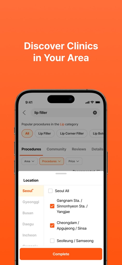 UNNI: Glow up in Korea - Os usuários podem refinar sua busca por localização, selecionando áreas específicas em Seul como Gangnam e Cheongdam, e aplicando filtros de procedimento para encontrar opções convenientes.