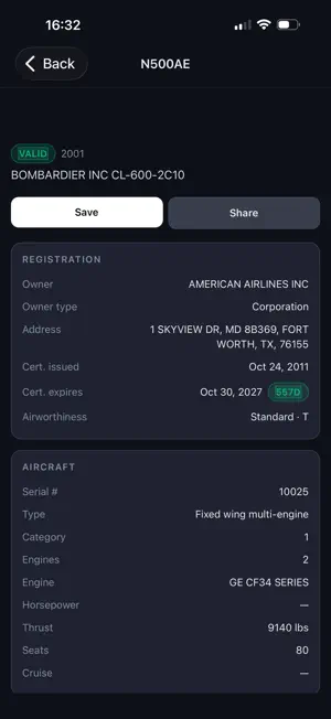 TailNumber: FAA Lookup screenshot 1