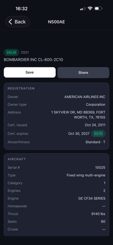 TailNumber: FAA Lookup screenshot