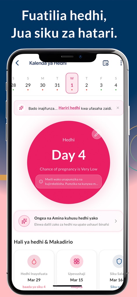 TanzMED - Afya Kiganjani - ユーザーは生理周期トラッカーを通じて、現在の周期状況（「Day 4」と妊娠リスクの低さ）を確認でき、AIアシスタント「Amina」による個別のアドバイスも受けられます。