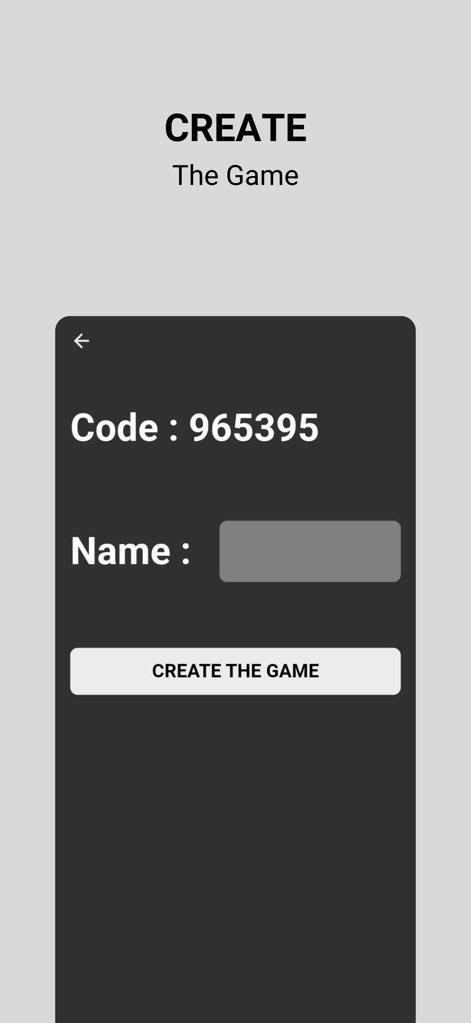 Buzzer connect - La création de partie est simplifiée par l'affichage instantané d'un 'Code numérique' unique et un 'Champ de saisie' pour le nom du joueur.