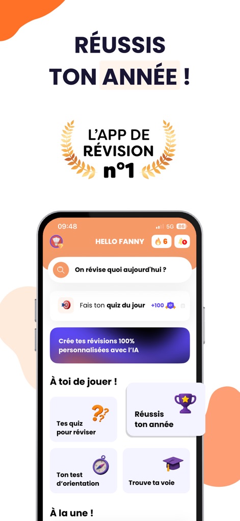 Brevet Bac Licence 2026 Nomad - See how the app's intuitive dashboard presents a 'Quiz du jour' and AI-powered personalized revisions.