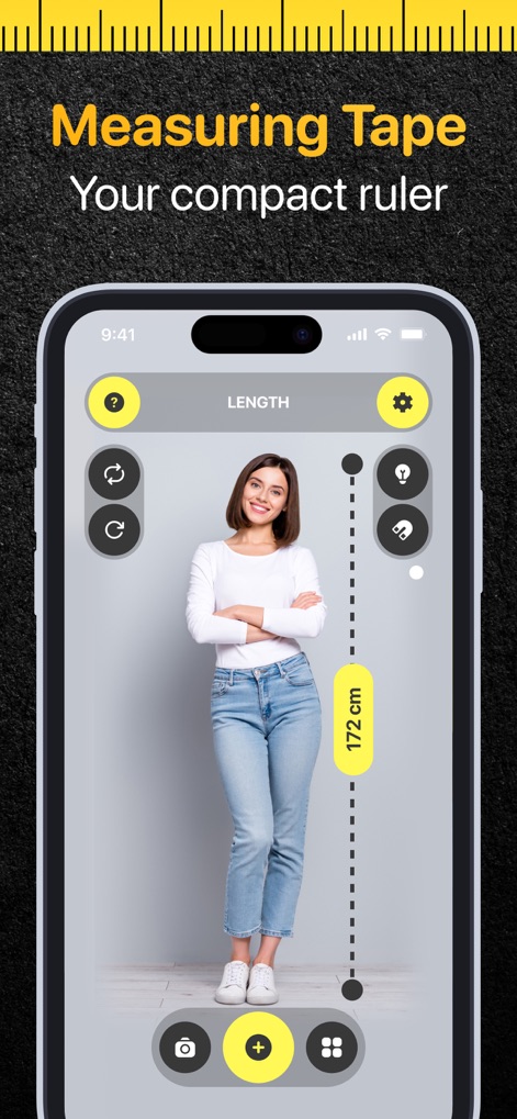 Tape Measure & Ruler Арр - See how the app precisely measures object lengths, displaying a clear numeric value (172 cm) and a visual dotted line for reference.