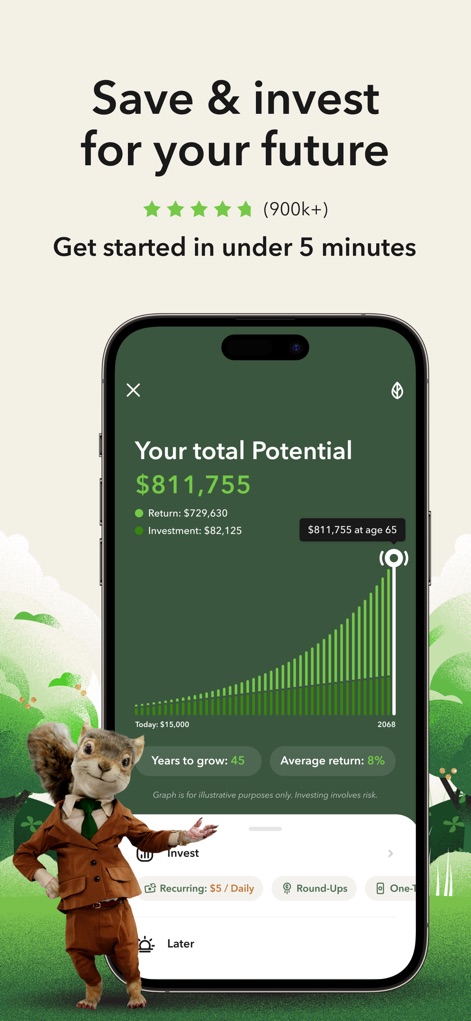 Acorns: Invest For Your Future - このアプリは、ユーザーの将来の資産成長を予測するグラフと、親しみやすいリスのマスコットを特徴としています。