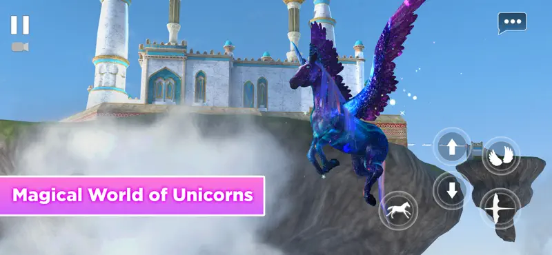 A winged unicorn flying over a magical landscape