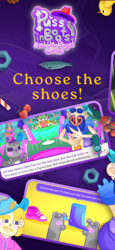 Boook: Interactive Kids Books - Experience the "Puss in Boots And the Royal Gifts!" story, allowing children to make choices like "Choose the shoes!" that influence the narrative.