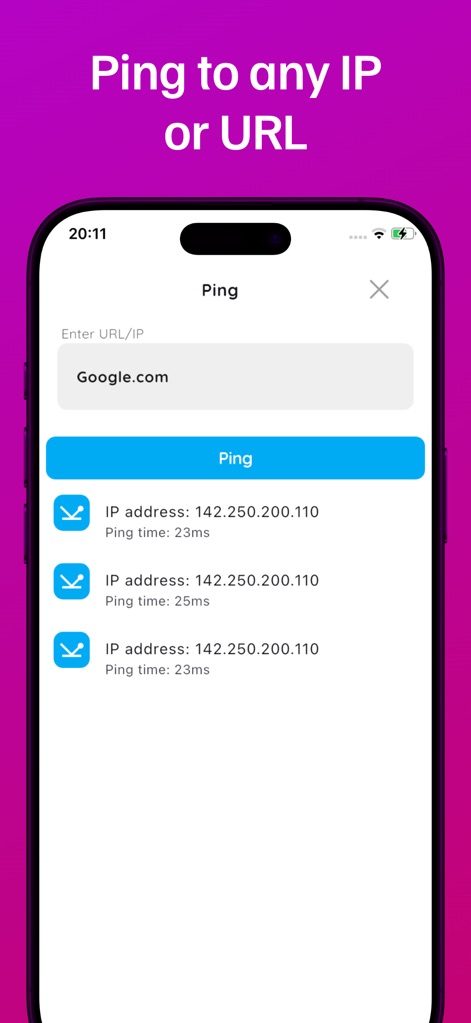 Wifi Password & Speed check - Users can accurately test network latency by entering an IP or URL, receiving detailed ping times for each request.
