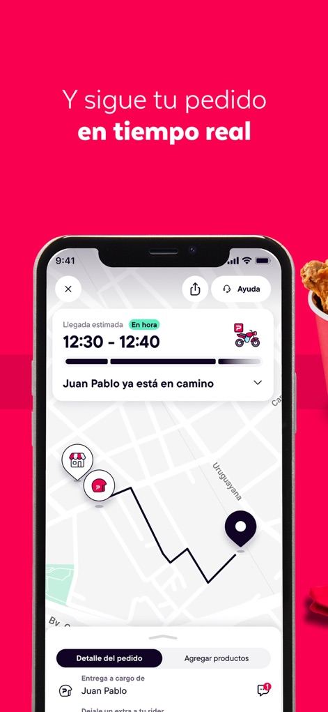 PedidosYa - Food Delivery - Monitor delivery progress with the dynamic 'live map tracking' feature, providing clear visibility of the rider's location and an accurate estimated 'arrival time'.