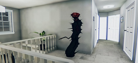 The Boiled One: Horror Game - Behold the grotesque, spiky monstrous entity positioned menacingly near the stairwell architecture, a clear and present danger.
