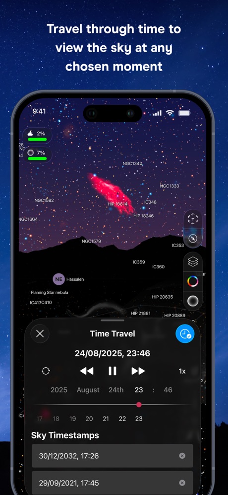 Night Sky App Store screenshot 5, headline “Travel through time to view the sky at any chosen moment”. Headline over eight words.