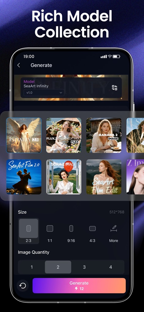 SeaArt: AI Photo & Video Maker - 이 앱은 애니메이션, 3D, 디지털 아트 등 980k개 이상의 방대한 모델 라이브러리를 제공합니다. 사용자는 다양한 예술 스타일의 모델들을 탐색하고, 생성할 이미지의 크기와 수량을 세밀하게 조정할 수 있습니다.