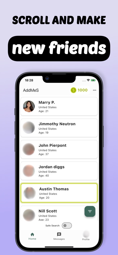 AddMeS - make new friends - This interface allows users to seamlessly scroll through a curated list of potential friends, with each entry clearly displaying a profile picture and vital details like age and country, alongside accessible Home and Messages navigation tabs.