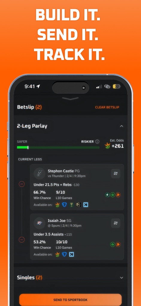 Rithmm: AI Sports Betting - The AI Parlay Builder dissects multi-leg bets, displaying an intuitive 'SAFER' to 'RISKIER' assessment alongside detailed individual leg probabilities like 'Win Chance'.