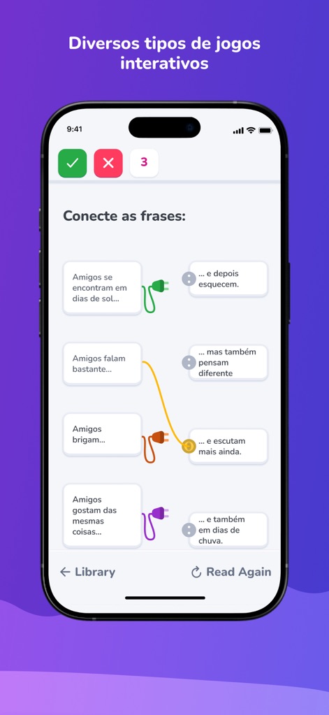 Elefante Letrado - Die App fördert spielerisches Lernen durch interaktive Aufgaben wie das Verbinden von Sätzen, was das Engagement durch visuell ansprechende Elemente und eine direkte Erfolgsanzeige erhöht.