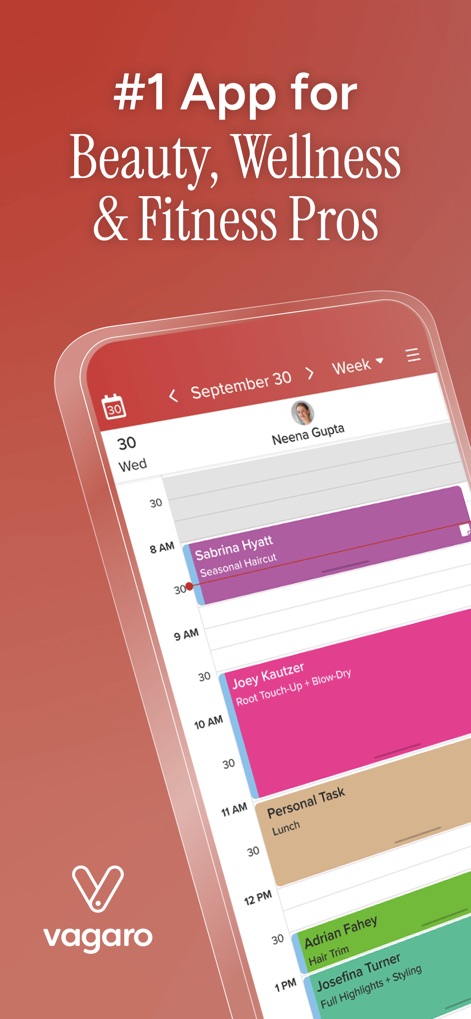 Vagaro Pro - This screenshot displays the app's intuitive weekly calendar view, showcasing color-coded appointments like 'Sabrina Hyatt Seasonal Haircut' and 'Joey Kautzer Root Touch-Up + Blow-Dry'.