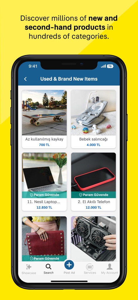 sahibinden #AlSatKiralaKesfet - Esta seção apresenta uma variedade de itens novos e usados, exibindo imagens claras dos produtos e a presença do serviço "Param Güvende".