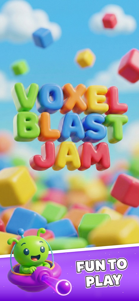 Voxel Blast Jam - The app presents its playful Voxel Blast Jam logo, complemented by the cheerful alien character ready for action, promising an enjoyable experience.