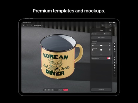 Pixelmator Pro: Edit Images - La captura muestra la capacidad de la aplicación para trabajar con maquetas premium, donde los usuarios pueden aplicar diseños personalizados a objetos 3D como una taza y utilizar herramientas de distorsión "Warp" para ajustar la perspectiva.
