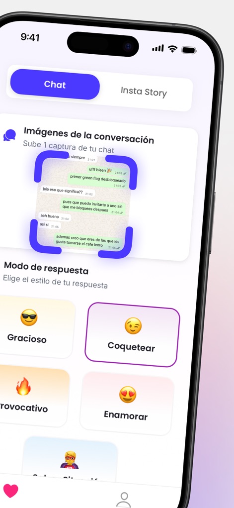Liggo: Responder con IA - ユーザーは「Chat」タブから会話のスクリーンショットをアップロードでき、さらに「Coquetear」のような多様な返信スタイルの中から最適なトーンを選択できます。