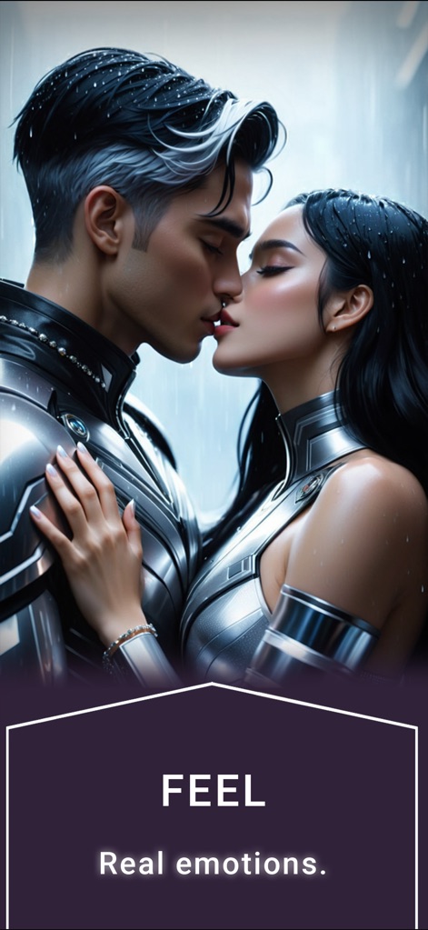 My Way: Stories & Love Episode - The app delivers intense emotional moments, illustrated by characters in sleek, futuristic attire sharing a tender kiss, highlighting deep connections.