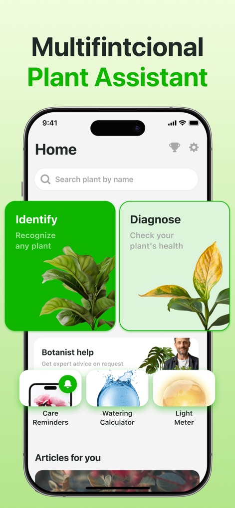 Plant Identifier & Care App - The app's intuitive home screen provides quick access to core functions like 'Identify' and 'Diagnose' cards, alongside essential tools such as the 'Light Meter' and 'Care Reminders'.