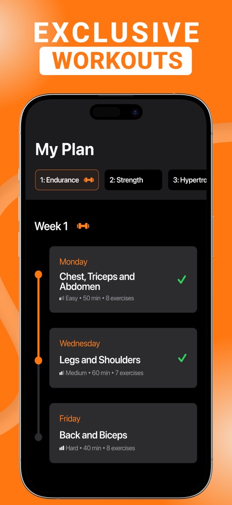 Gym WP - Workout Planner & Log - Discover how the app provides structured workout plans like Endurance, Strength, and Hypertrophy, alongside detailed daily breakdowns for effective training.