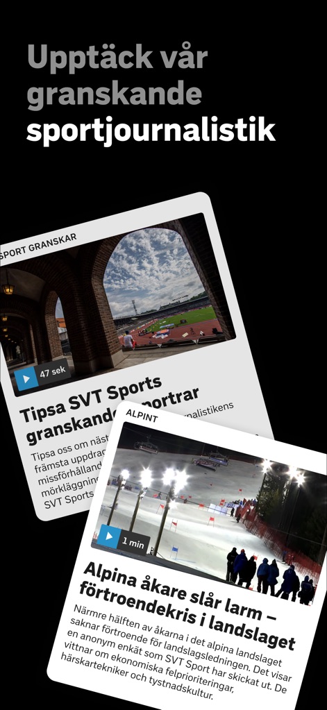 SVT Sport - Plongez dans des analyses sportives approfondies via la section "SPORT GRANSKAR", présentée sous forme de cartes de contenu organisées dynamiquement pour une navigation fluide.