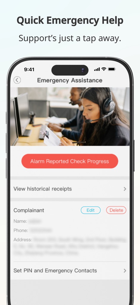 blurams - For critical situations, the 'Emergency Assistance' screen provides users with immediate access to support, allowing them to track alarm progress and configure 'Emergency Contacts'.