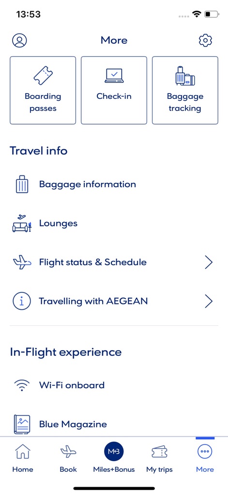 Aegean Airlines - Dieses Menü bietet schnellen Zugriff auf wichtige Funktionen wie Bordkarten und Online-Check-in, ergänzt durch detaillierte Informationen zu Gepäck und Fluginformationen.