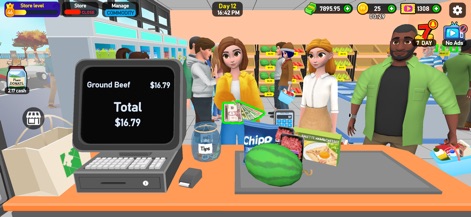Supermarket Tycoon 3D - The app simulates real-time transactions with a detailed cash register interface, showcasing seamless customer interaction at the checkout counter.